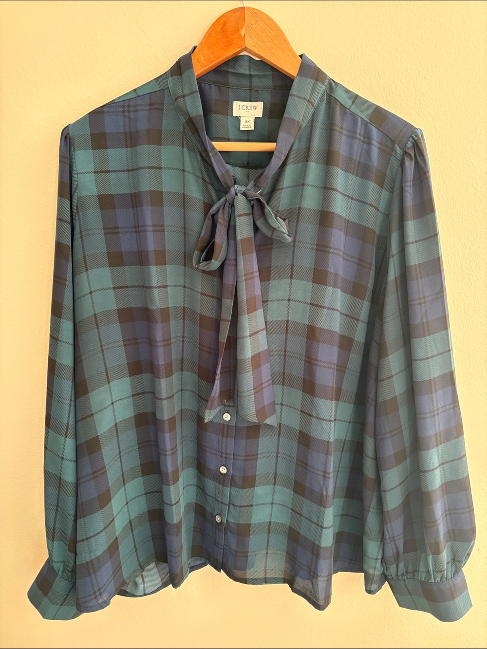 J. Crew Blue and Green Plaid Bow Tie Blouse